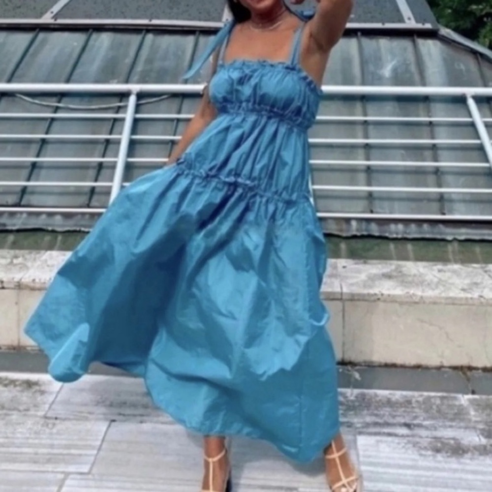 ZARA NWT GORGEOUS MACEDONIA TEAL TAFFETA TIER DRESS WITH TIE SHOULDER ST…